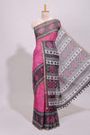Pink crack design linen cotton saree with contrast zari border and printed blouse