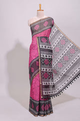 Pink crack design linen cotton saree with contrast zari border and printed blouse