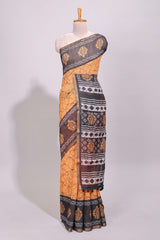 Orange crack design linen cotton saree with contrast zari border and printed blouse