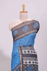Blue crack design linen cotton saree with contrast zari border and printed blouse