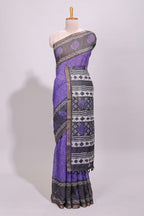Violet crack design linen cotton saree with contrast zari border and printed blouse
