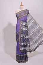 Violet crack design linen cotton saree with contrast zari border and printed blouse