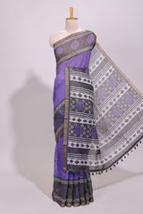 Violet crack design linen cotton saree with contrast zari border and printed blouse