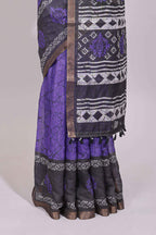 Violet crack design linen cotton saree with contrast zari border and printed blouse
