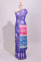 Violet round butta design linen cotton saree with self zari border and chevron printed blouse