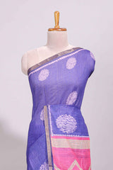 Violet round butta design linen cotton saree with self zari border and chevron printed blouse
