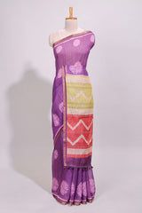 Purple round butta design linen cotton saree with self zari border and chevron printed blouse