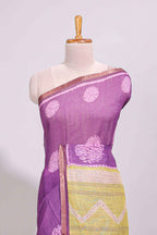 Purple round butta design linen cotton saree with self zari border and chevron printed blouse
