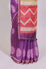 Purple round butta design linen cotton saree with self zari border and chevron printed blouse
