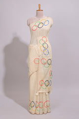 Cream olympic logo design linen cotton saree with self zari border and matching printed blouse