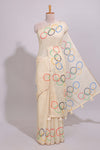 Cream olympic logo design linen cotton saree with self zari border and matching printed blouse