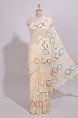 Cream olympic logo design linen cotton saree with self zari border and matching printed blouse