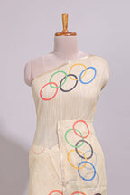 Cream olympic logo design linen cotton saree with self zari border and matching printed blouse