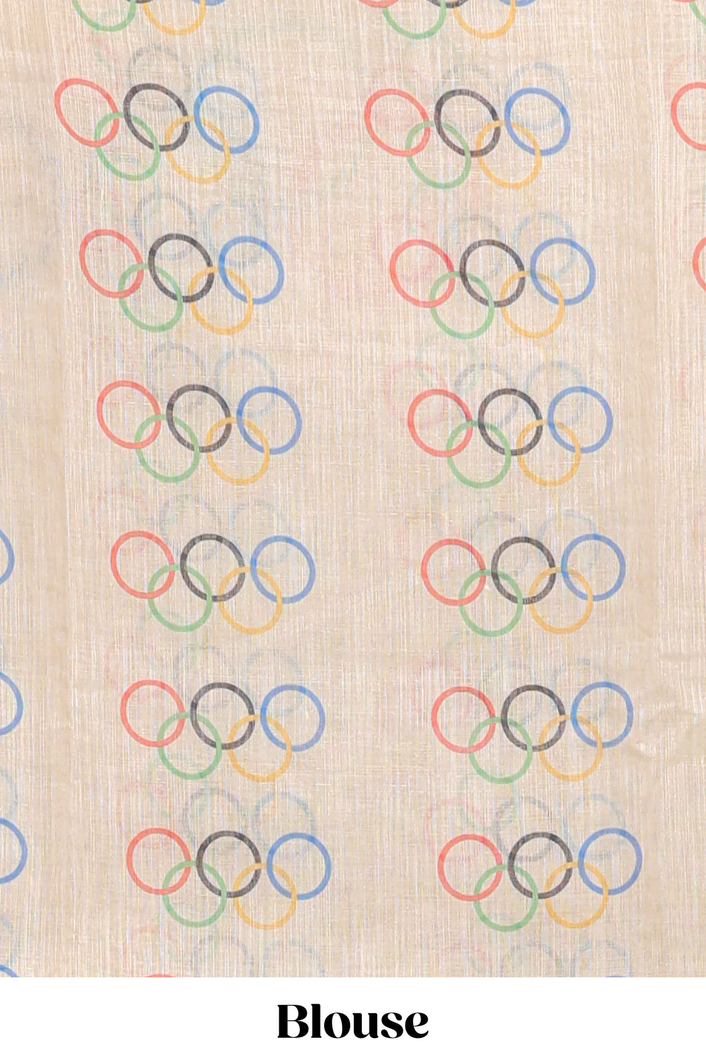 Cream olympic logo design linen cotton saree with self zari border and matching printed blouse