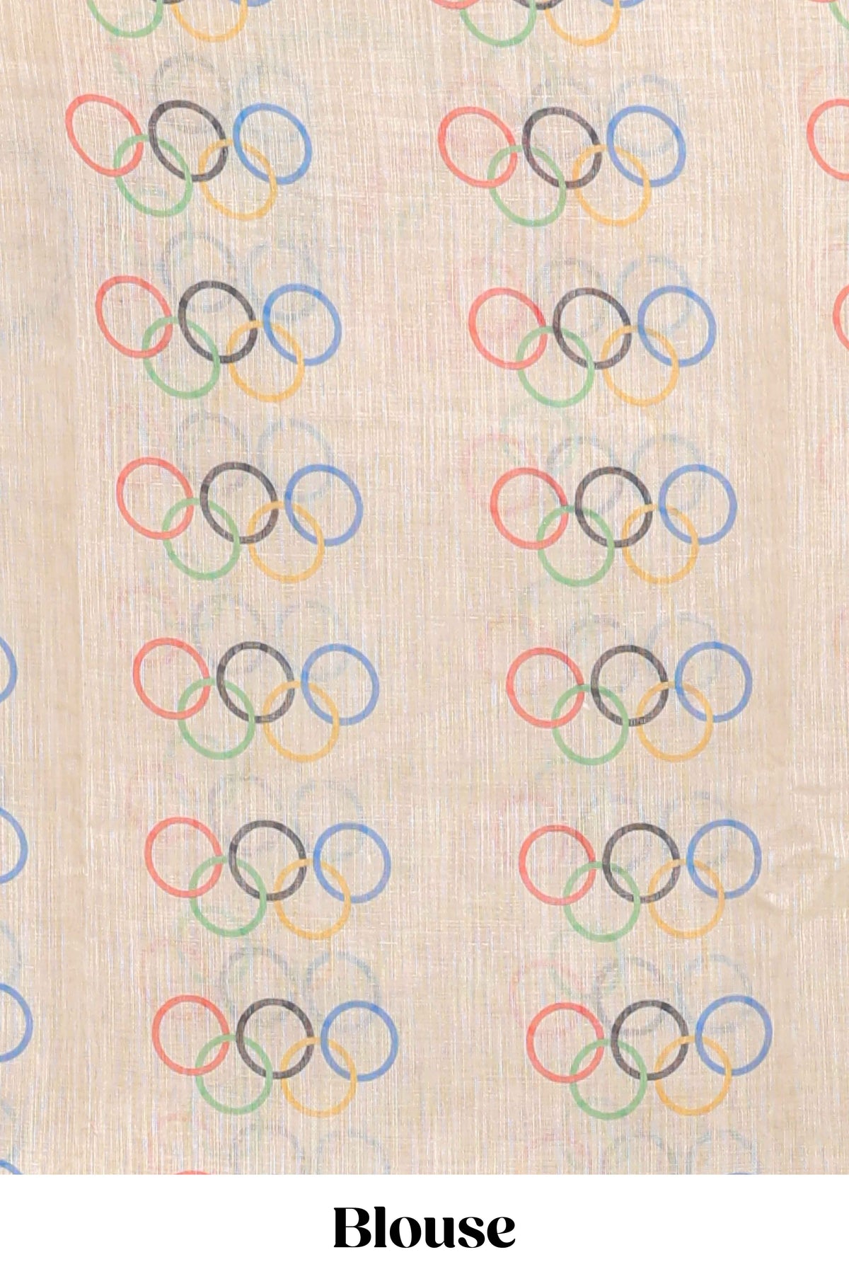 Cream olympic logo design linen cotton saree with self zari border and matching printed blouse