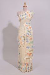 Cream butterfly motifs linen cotton saree with self zari border and matching printed blouse