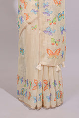 Cream butterfly motifs linen cotton saree with self zari border and matching printed blouse