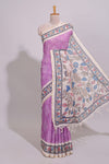 Lavender magenta floral print motifs linen cotton saree with contrast zari border and printed motifs blouse