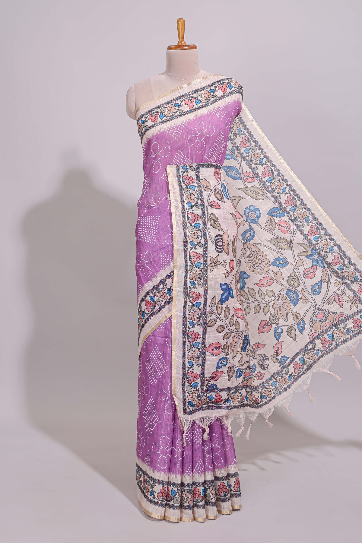 Lavender magenta floral print motifs linen cotton saree with contrast zari border and printed motifs blouse