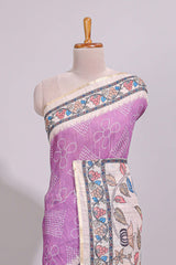 Lavender magenta floral print motifs linen cotton saree with contrast zari border and printed motifs blouse
