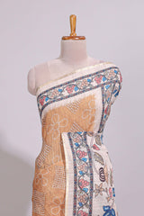 Orange floral print motifs linen cotton saree with contrast zari border and printed motifs blouse
