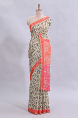 Beige tribal design warli print linen cotton saree with contrast pink zari border and chevron design blouse
