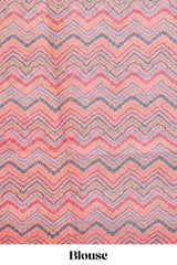 Beige tribal design warli print linen cotton saree with contrast pink zari border and chevron design blouse