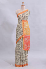 Beige tribal design warli print linen cotton saree with contrast orange zari border and warli design blouse