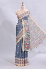 Steel blue checked motifs design linen cotton saree with contrast zari border and printed blouse