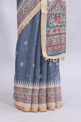 Steel blue checked motifs design linen cotton saree with contrast zari border and printed blouse