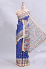Blue checked motifs design linen cotton saree with contrast zari border and printed blouse