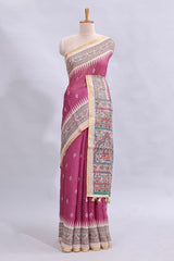 Magenta checked motifs design linen cotton saree with contrast zari border and printed blouse