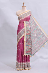 Magenta checked motifs design linen cotton saree with contrast zari border and printed blouse