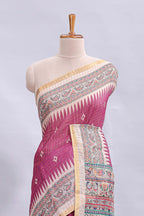 Magenta checked motifs design linen cotton saree with contrast zari border and printed blouse