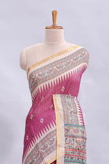 Magenta checked motifs design linen cotton saree with contrast zari border and printed blouse