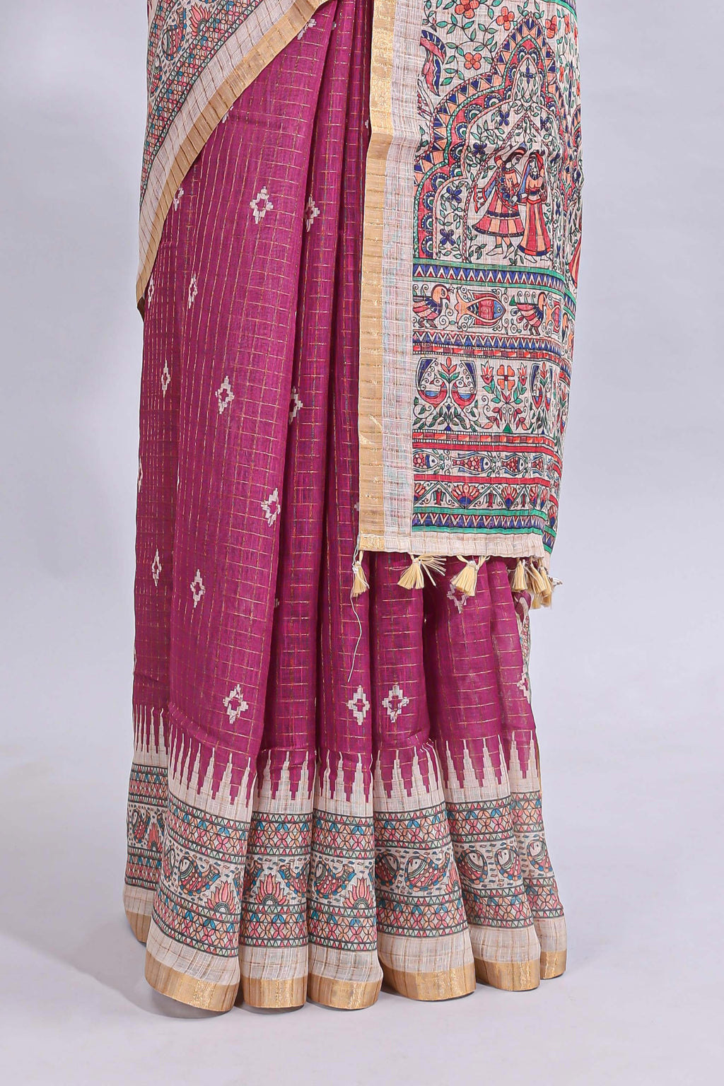 Magenta checked motifs design linen cotton saree with contrast zari border and printed blouse