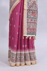 Magenta checked motifs design linen cotton saree with contrast zari border and printed blouse
