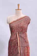 Maroon floral vines design linen cotton saree with self zari border and matching motifs blouse