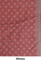 Maroon floral vines design linen cotton saree with self zari border and matching motifs blouse