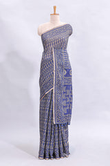 Blue ajrakh printed design linen cotton saree with self zari border and matching printed blouse