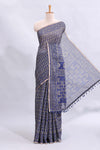 Blue ajrakh printed design linen cotton saree with self zari border and matching printed blouse