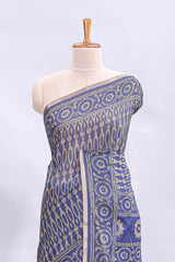 Blue ajrakh printed design linen cotton saree with self zari border and matching printed blouse