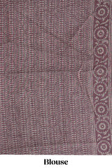 Brown ajrakh printed design linen cotton saree with self zari border and matching printed blouse