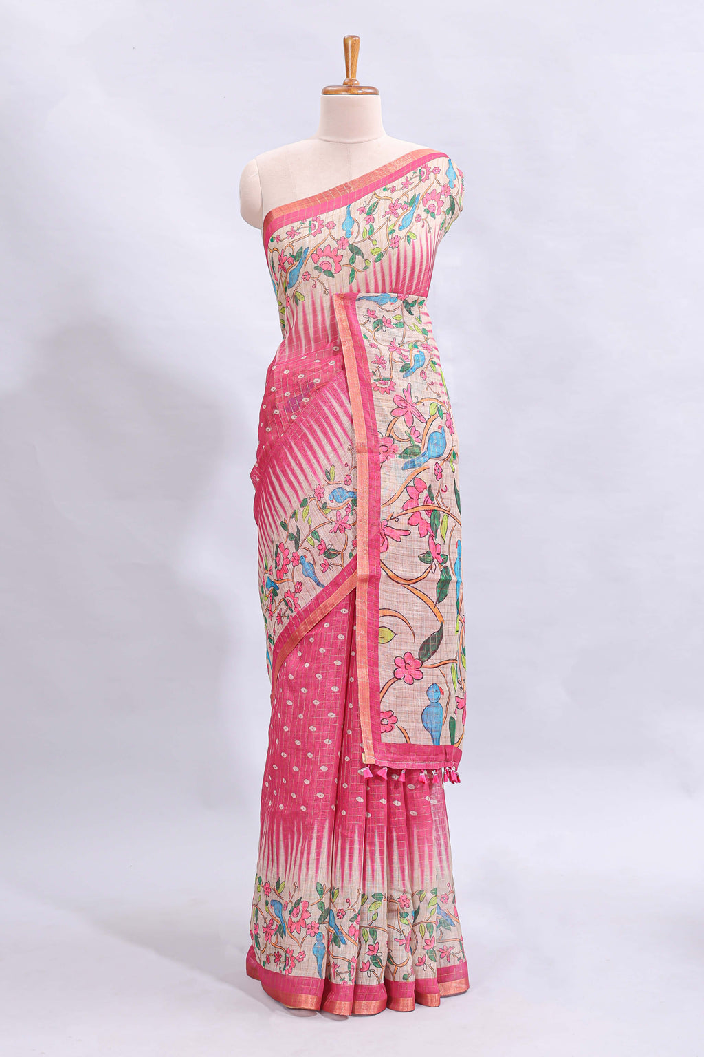 Pink checked motifs bottom floral & birds design linen cotton saree with self zari border and matching checked blouse