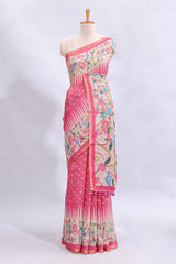 Pink checked motifs bottom floral & birds design linen cotton saree with self zari border and matching checked blouse