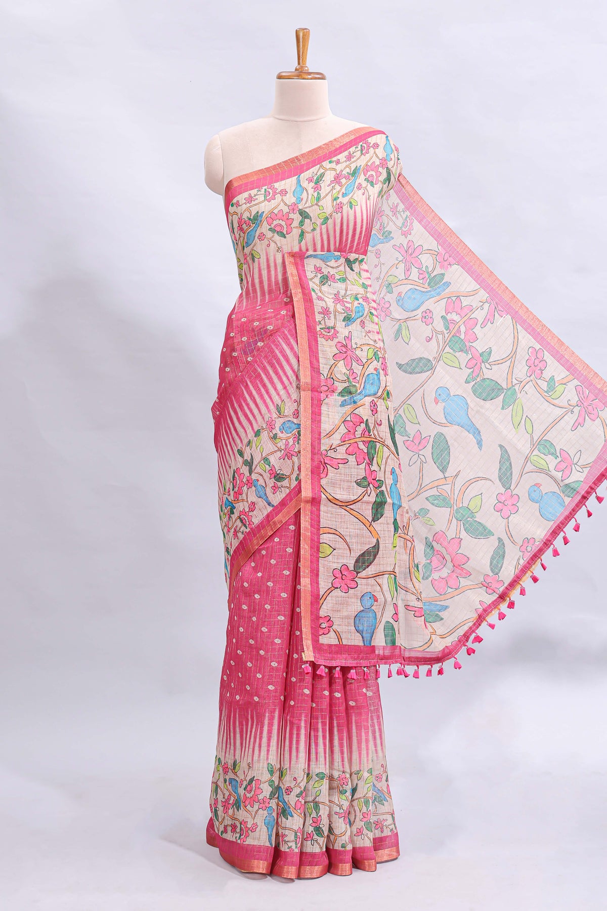 Pink checked motifs bottom floral & birds design linen cotton saree with self zari border and matching checked blouse