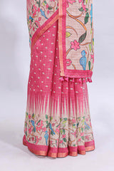 Pink checked motifs bottom floral & birds design linen cotton saree with self zari border and matching checked blouse