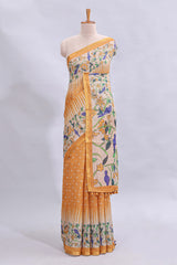 Mustard yellow checked motifs bottom floral & birds design linen cotton saree with self zari border and matching checked blouse
