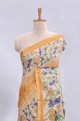 Mustard yellow checked motifs bottom floral & birds design linen cotton saree with self zari border and matching checked blouse