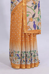 Mustard yellow checked motifs bottom floral & birds design linen cotton saree with self zari border and matching checked blouse